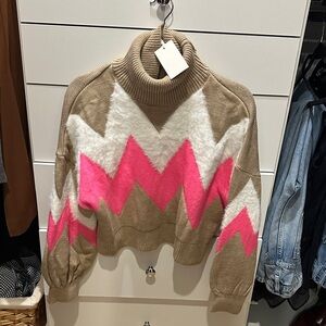 NEW! Stradivarius Pink and Tan Chevron Turtleneck Sweater